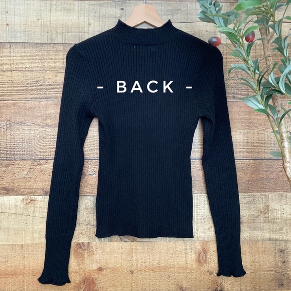 Black Ribbed Mock Neck Sweater, Cable Knit Design - Picture 7 of 9